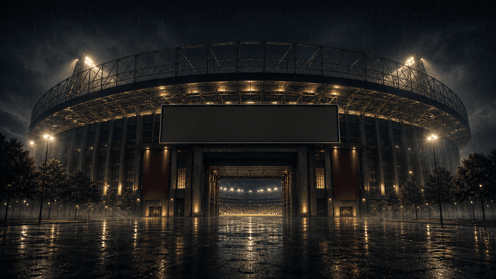 A football stadium exterior at night